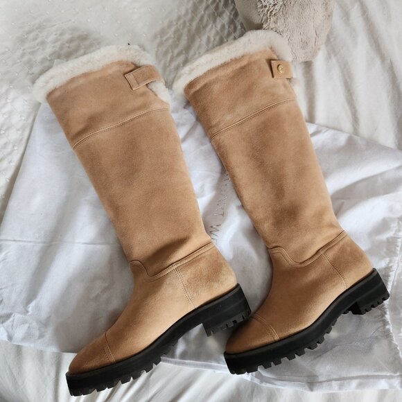 New Stuart Weitzman Alpine Shearling Trim Leather Knee High Leather Boots - Picture 7 of 13